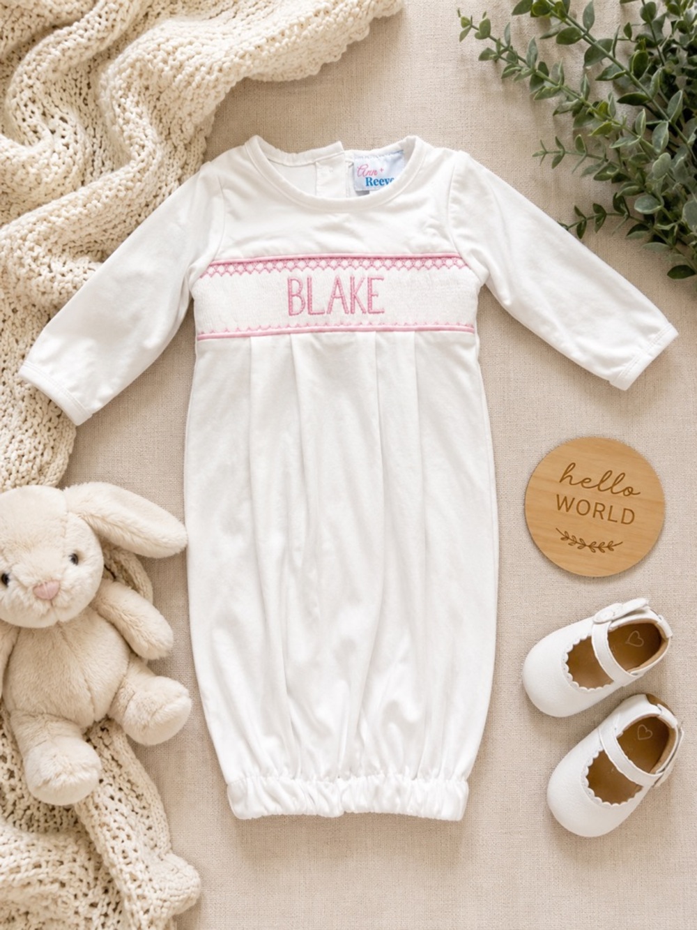 Ann + Reeves NB Personalized Blake Smocked Baby Gown White Pink Supima Cotton